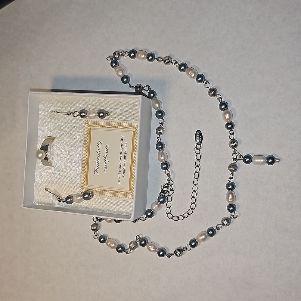 Genuine Fresh Water Pearls Necklace & Earrings & Rins Set NWT
